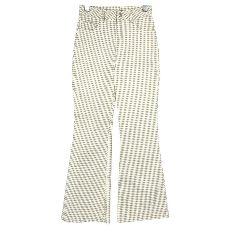 Hello Franki Flare Leg Jeans Girls Size Medium 10 Beige White Gingham Check